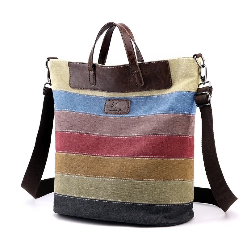 

Canvas Totes Striped Womens Handbag 2022 New Trend Patchwork Rainbow Shoulder Bag Fashion Female Girls Casual Crossbody Bag