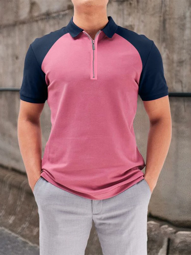 

2022 Polo Shirt Contrast Color Male Lapel Short Sleeve Fit Business Shirts Male Summer Casual Tops Turn Down Zipper Tee T-shirts