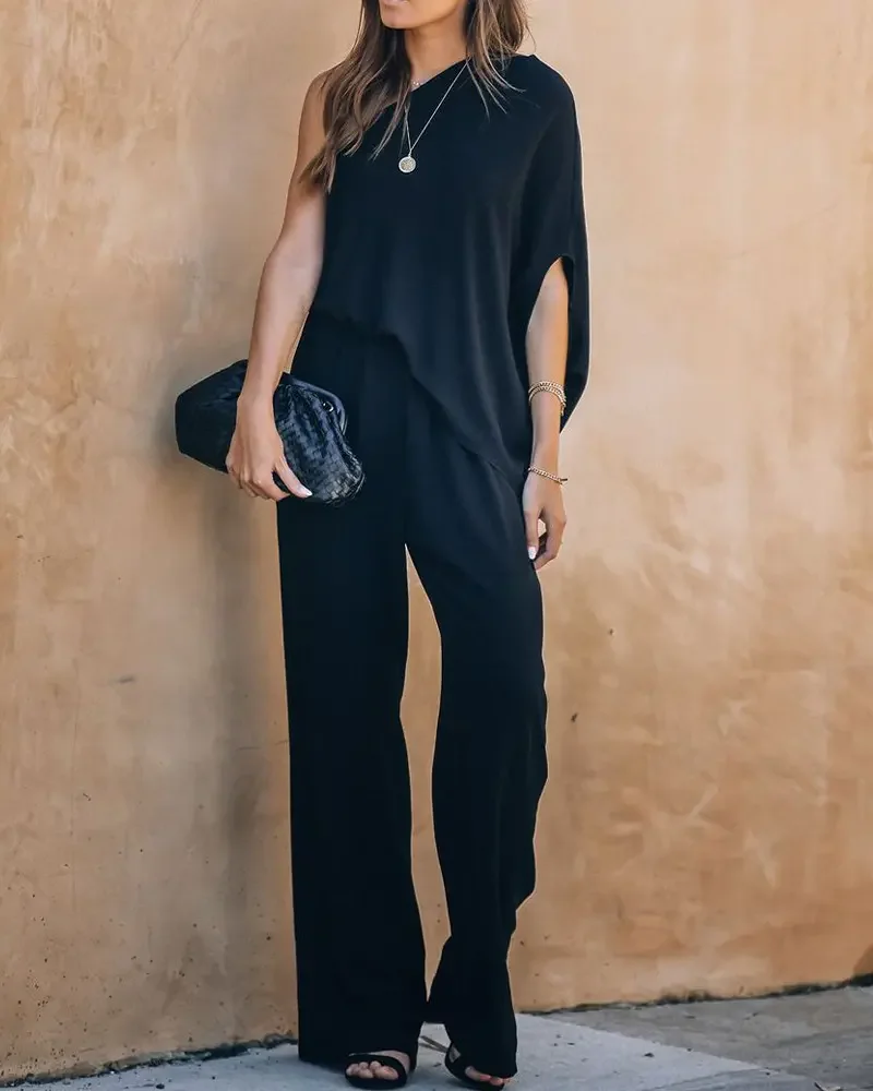 

Office Lady High Waist Wide Leg Pants Jumpsuits Women 2022 Summer New Sexy Casual Black One Shoulder Flare Leg Jumpsuits