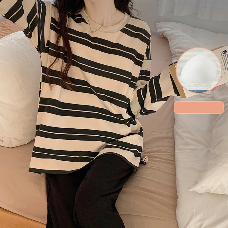 Pure Cotton Pajamas Women's Spring and Autumn stripe With chest pad Pijama Mujer Couple Night suits Homewear