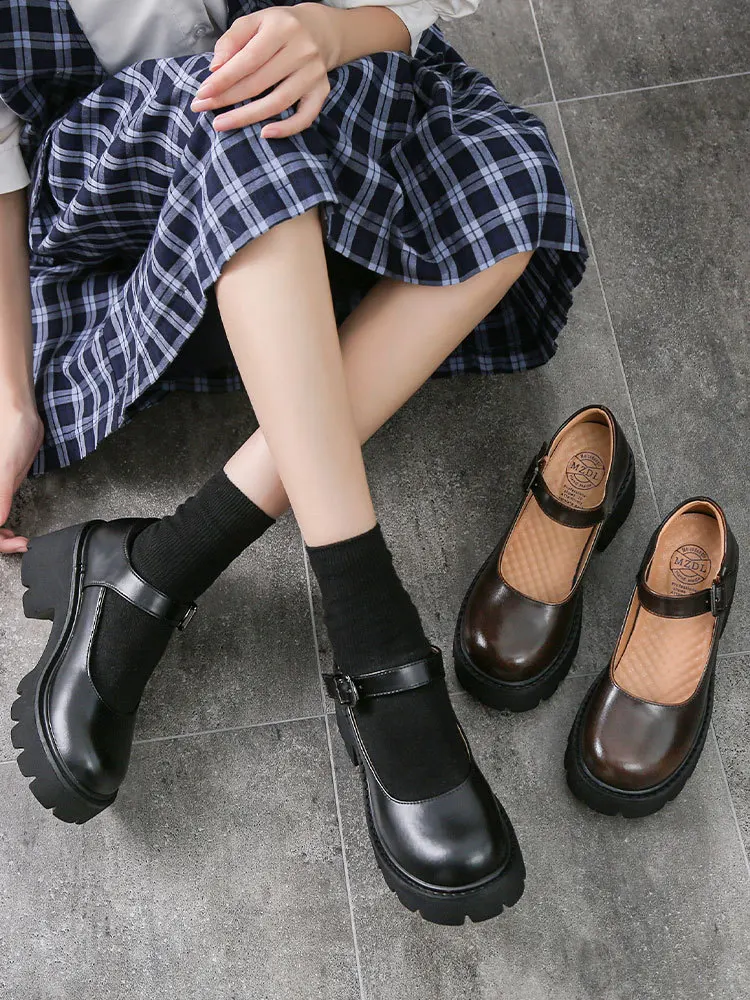 

Mary Jane Shoes Japanese Leather New Thick-soled Heightened Women's Shoes One-word Buckle Jk Small Leather Shoe Retro Round Head