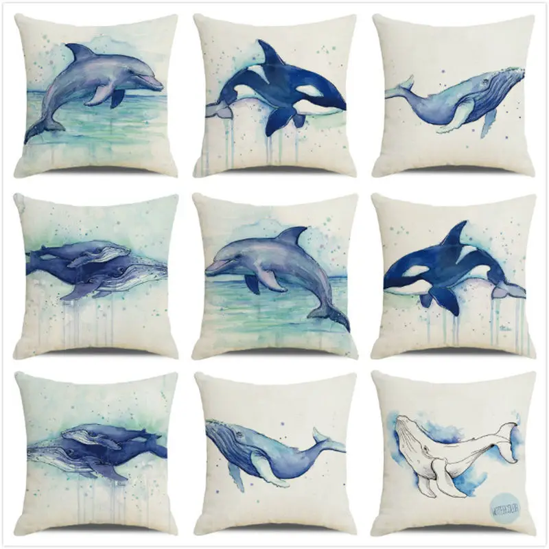

Cartoon Animals Printed Cushion Cover 45x45cm Painting Whale Style Printed Pillow Covers Simple Home Decoration Linen Pillowcase