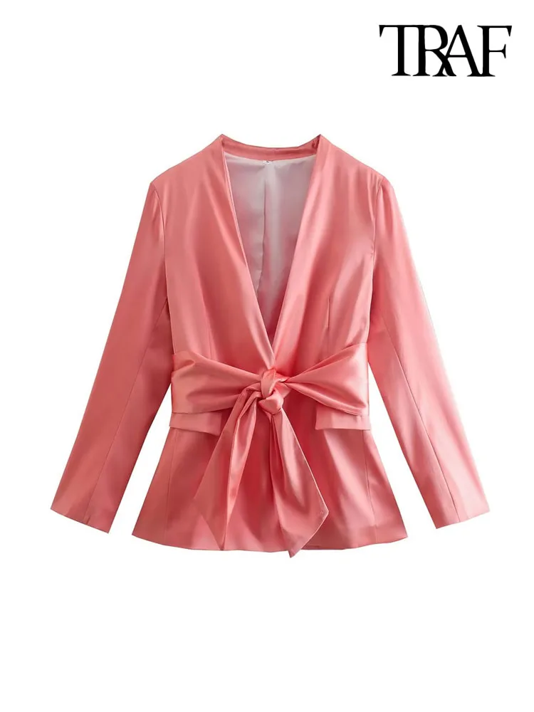 

TRAF Women Fashion Front Button With Belt Blazer Coat Vintage Long Sleeve Flap Pockets Female Outerwear Chic Veste Femme