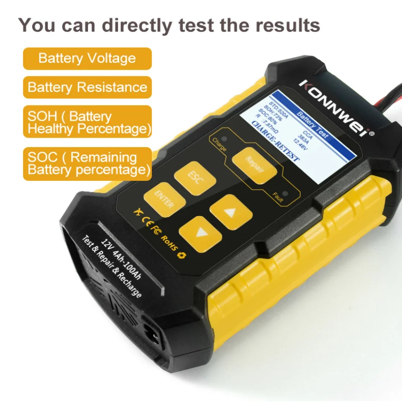 KONNWEI KW510 12V Battery Tester Pulse Repair 5A Battery Charger 3 in 1 Fully Automatic Car Battery Detection Repair Repair Tool