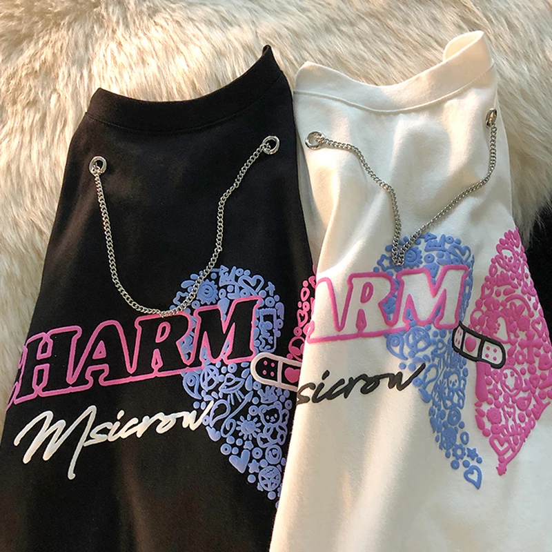

Cotton Retro Short Sleeve T-shirt Women's Foam Love Printing Goth Shirts Vintage Streetwear Fashion Y2k Tops Harajuku Shirt