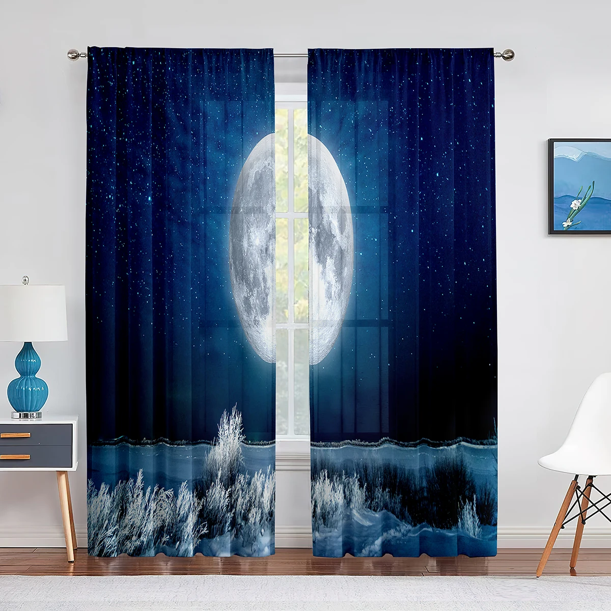 

Full Moon Fantasy Starry Sky Night Scene Tulle Curtains for Living Room Bedroom Kitchen Decor Sheer Voile Curtain Organza Drapes