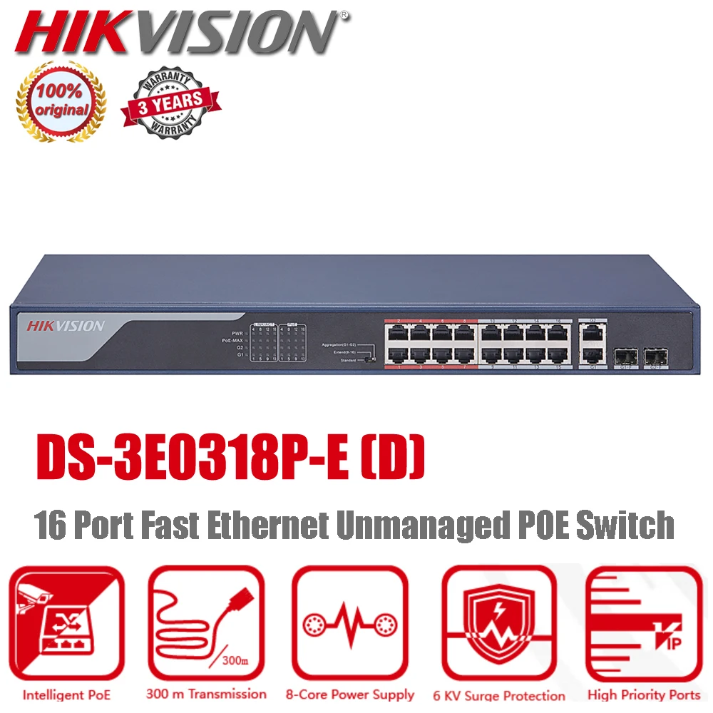 Hikvision DS-3E0318P-E 16 Port 100 Mbps 300m Long Range 6KV Surge Protection Fast Ethernet Unmanaged POE Switch