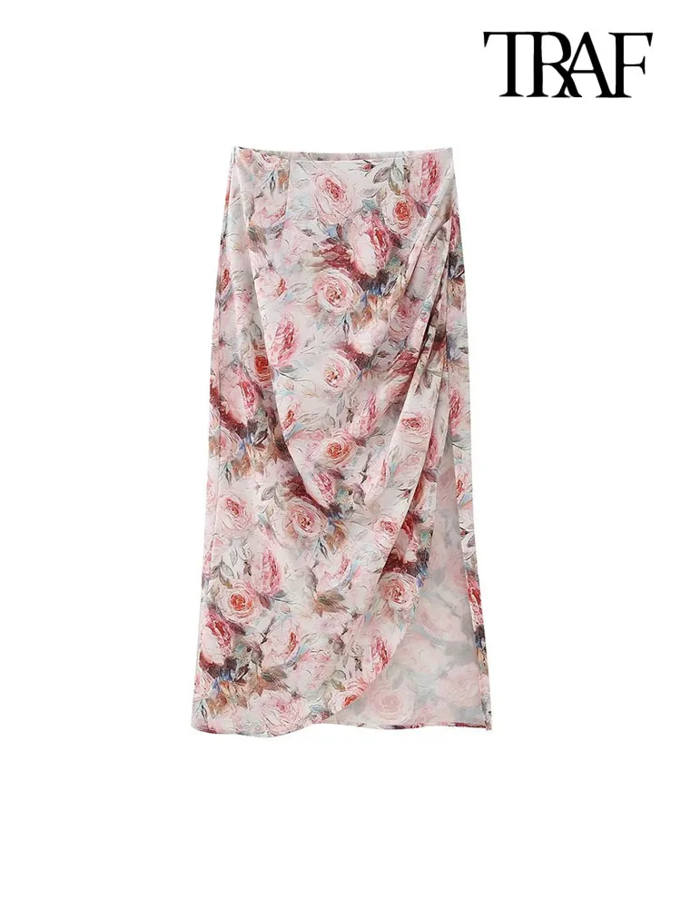 

TRAF Women Fashion Front Slit Floral Print Pleated Midi Skirt Vintage High Waist Side Zipper Female Skirts Mujer