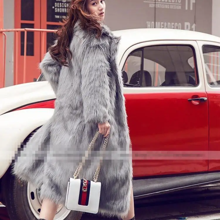 Women's Leather Fur Coat Autumn and Winter Faux Fox Fur Fur Coat Mid-Length Fur Coat Women's Loose Fashion Faux Fur Coat