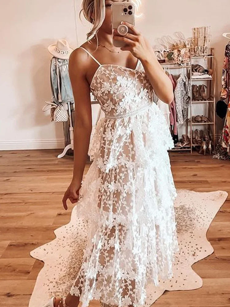

Летнее модное однотонное женское красивое платье с оборками, элегантное кружевное платье на бретельках с цветочной вышивкой, сексуальные п...