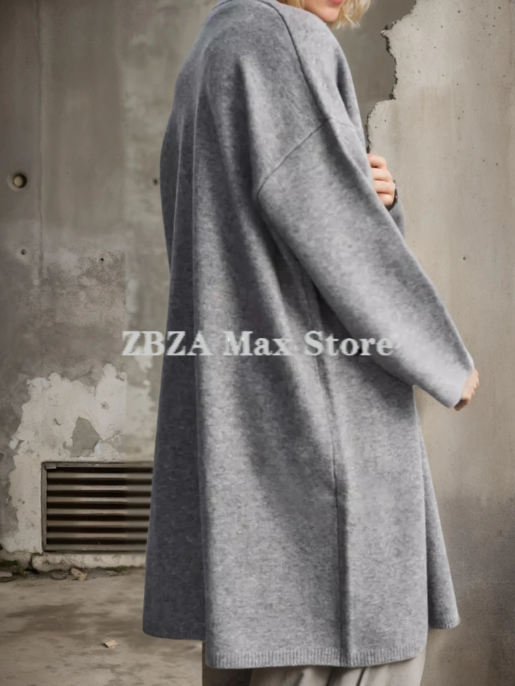 Zbza Женский Вязаный Кардиган Пальто Средней Длины Круглый Вырез Длинный Рукав