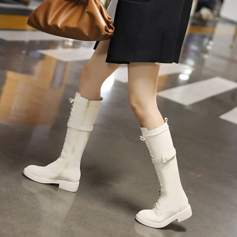 New Women Knee High Boots Low Heels Lace-up Silver White Punk Knight Boots Female Casual Comfortable Zip Shoes