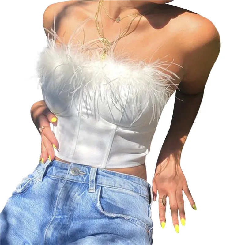 

Women's Feather Decor Tube Tops Furry Trim Sleeveless Off Shoulder Backless Back Zipper Slim Fit Crop Tops Solid Color Tanks Y2K