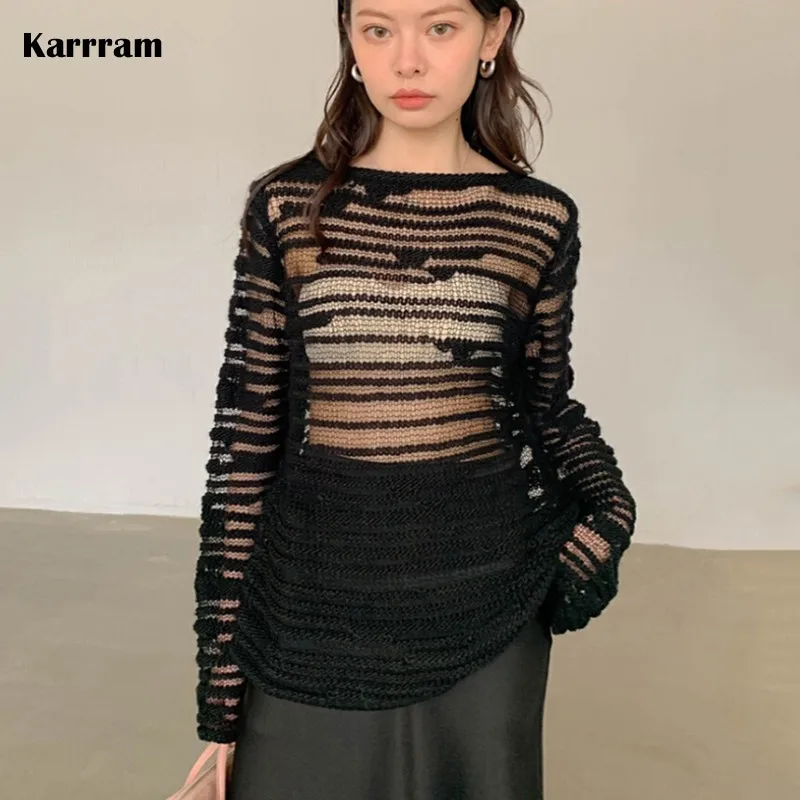 

Karrram ленивые стильные футболки с длинным рукавом с вырезами Сексуальная корейская мода прозрачная искусственная кожа Свободная Женская ши...