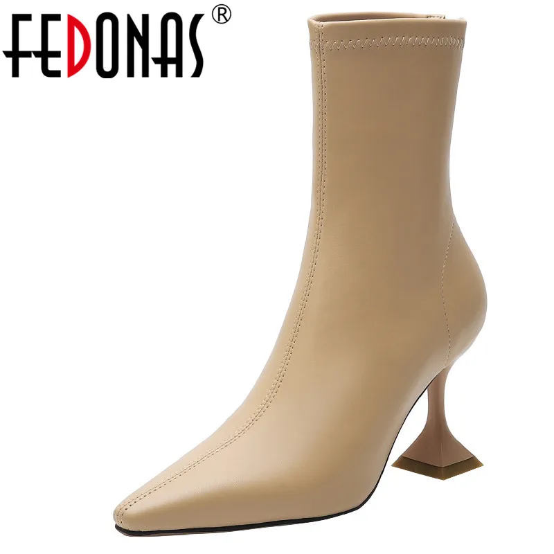 

FEDONAS Women Ankle Boots Pointed Toe Fashion Strange Heels Concise Stretch Boots Office Ladies Party Shoes Woman Autumn Winter