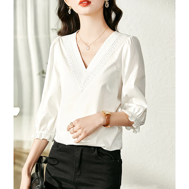 Рубашка VIMLY женская с V-образным вырезом элегантная белая Деловая блузка длинным