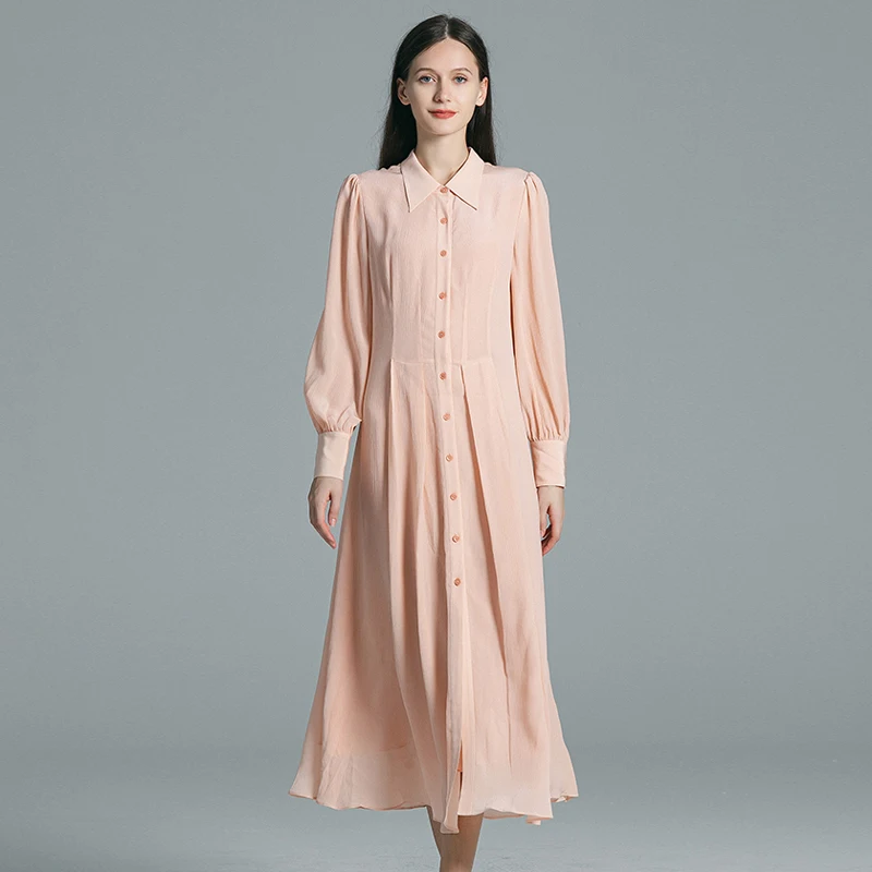 

Lotus Pink Double Layer Silk Polo Collar Long Sleeve Dresses Women Single Breasted Pleated Silk Shirt Dress Autumn AE1756