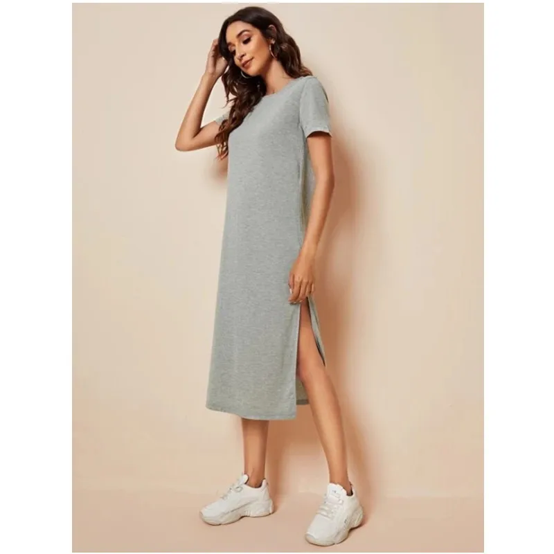 

Women's Summer Split Large Swing Long Dresses 2022 Loose O-Neck Solid Dress Short Sleeve Boho Maxi Dress Female Holiday Sundress