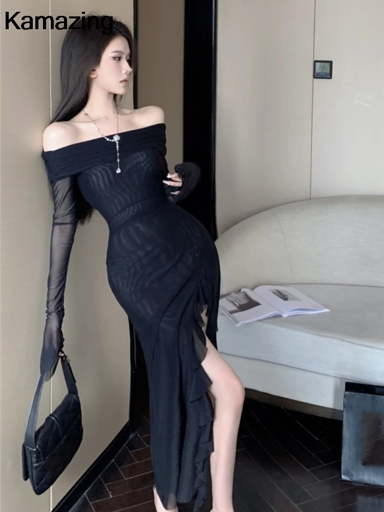 Шикарное черное платье миди с разрезом и оборками женское сексуальное вечернее