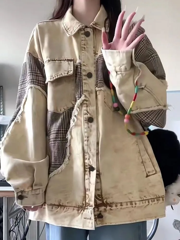 Куртка женская джинсовая в клетку Асимметричная Повседневная Свободная