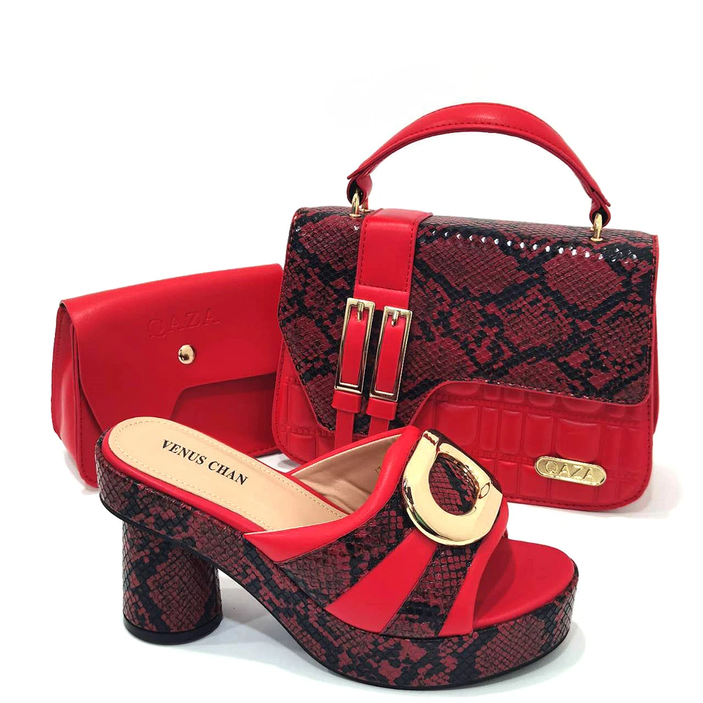 

2023 Summer Italian Women Fashion Shoes and Bag Set in Red Color Peep Toe Square Comfortable Heels for Wedding