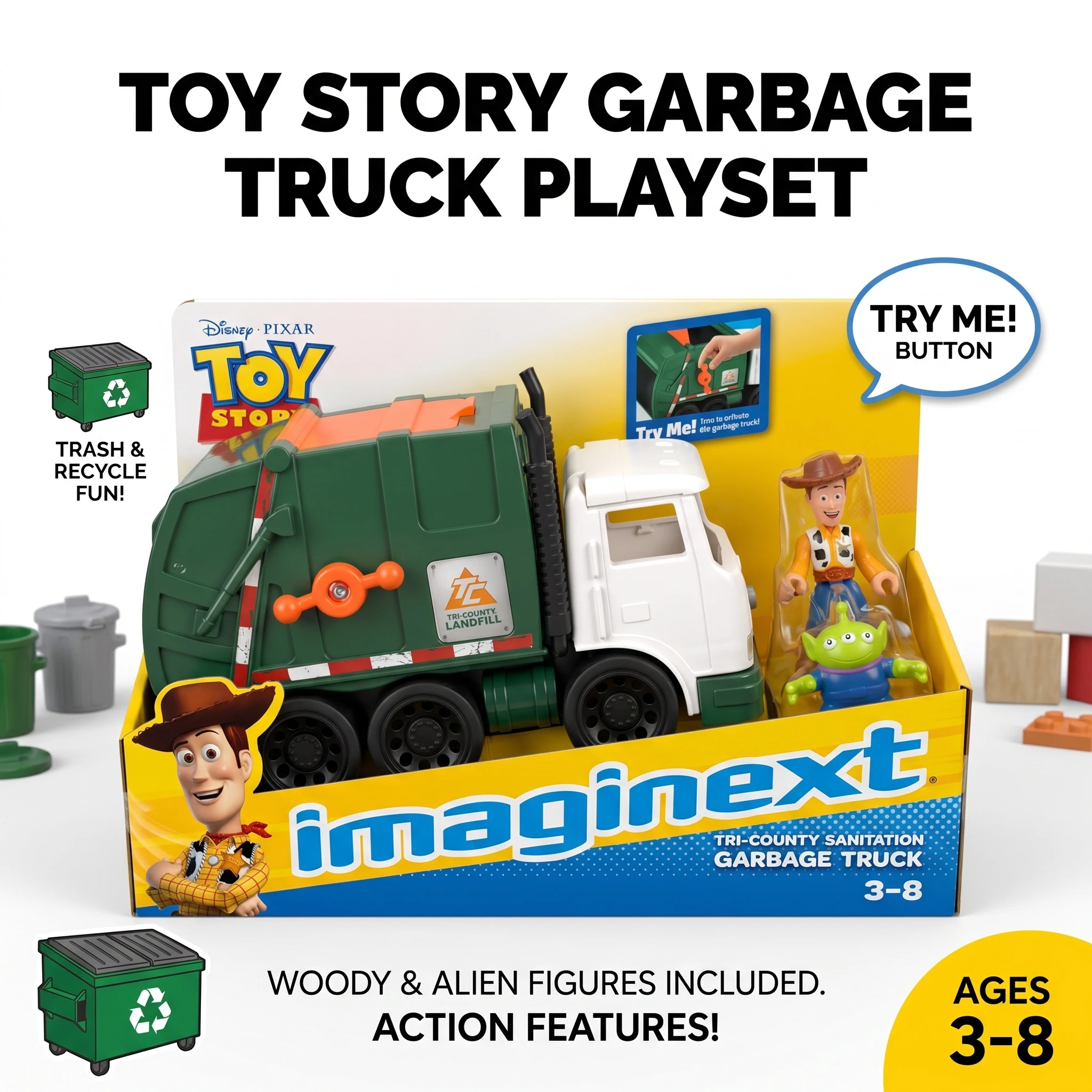 Фото Игровой набор Disney Imaginext «История игрушек»: мусоровоз с фигурками Вуди и маленьких зеленых инопланетян №1