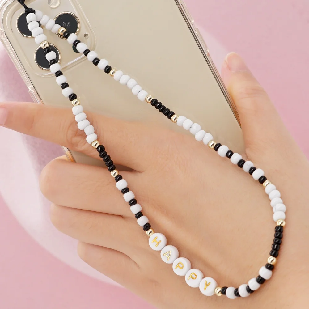

Black and White Beads Handmade Phone Lanyard Beaded Chain Wrist Anti-lost Mobile Phone Strap