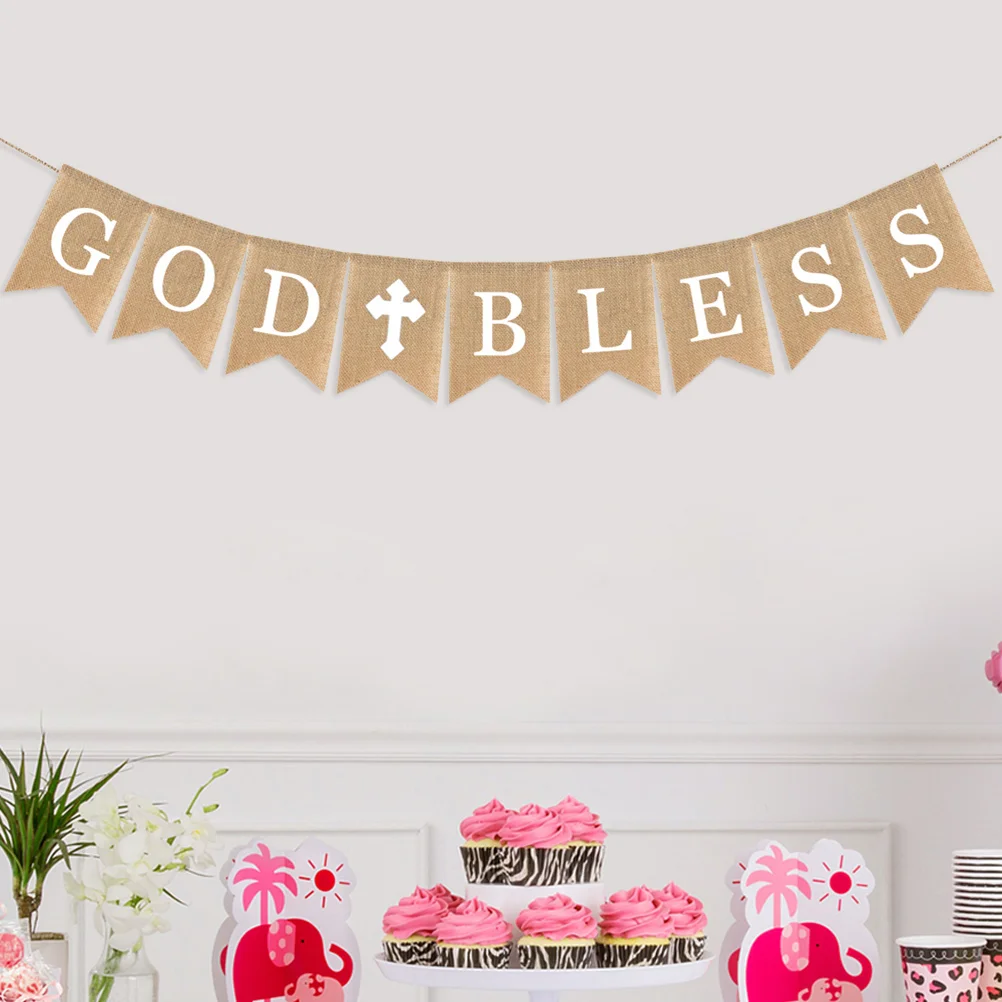 

Burlap Banner Fashon God Bless Baptism Banner Party Garland for Church
