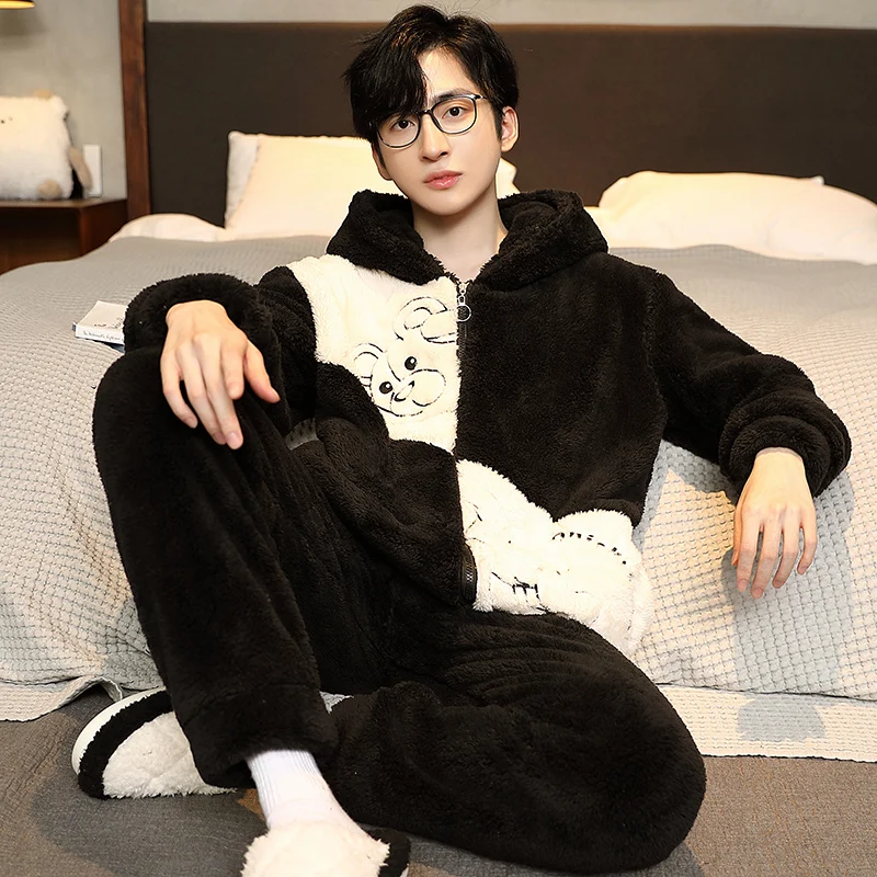 

QUHENG Man Collar Pajamas Set Winter Warm Flannel Home Clothes Coral Fleece Sleepwear Thick Warm Nightwear Large Size 5XL