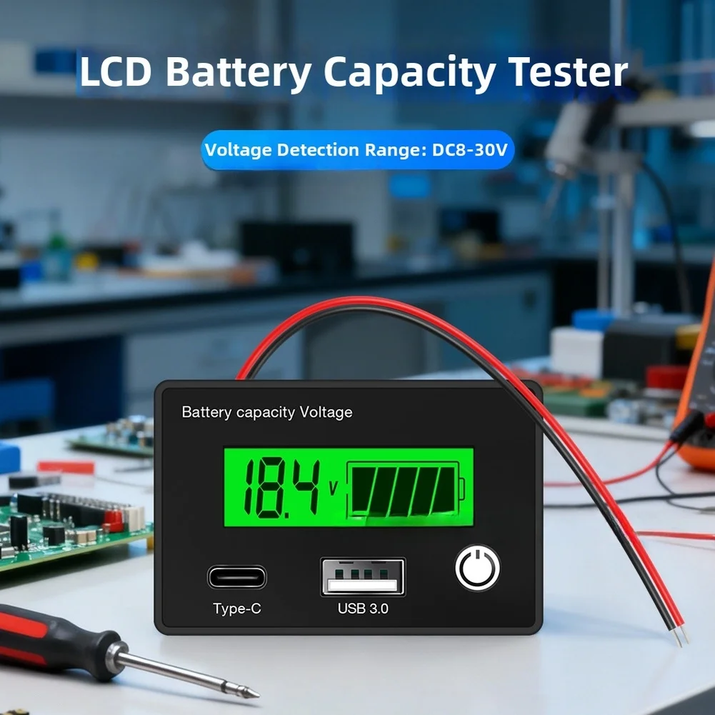 Зеленый ЖК-тестер емкости аккумуляторов DC8-30В с разъемом и USB-портом для измерения напряжения кислотных, тройных литиевых и литий-железо-фосфатных элементов (art.: 3920db961197c) - 3920db961197c