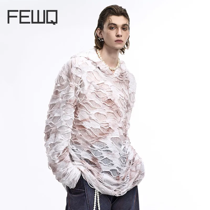 FEWQ Hole Свободная толстовка с капюшоном Мужская одежда Hiogh Street Мужской старый