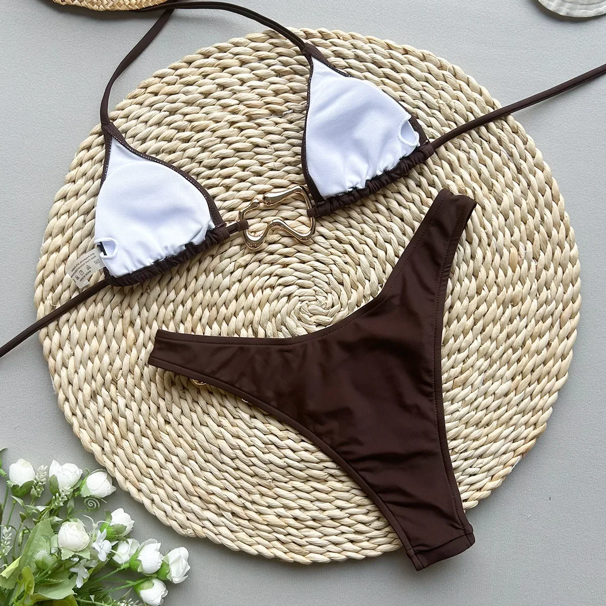 Бикини с металлическим кольцом на шее женский купальник комплект бикини из двух