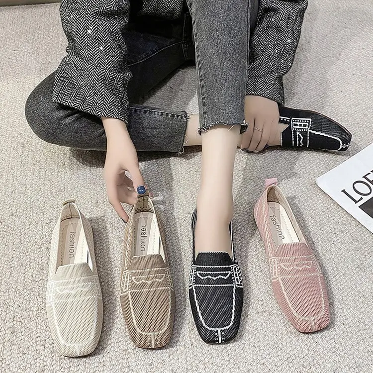 2022 New Women Round Toe Knitted Fabric Slip-On Loafers New Ballet Flats Breathable Vulcanized Shoes Driving Sneakers Boat Shoes