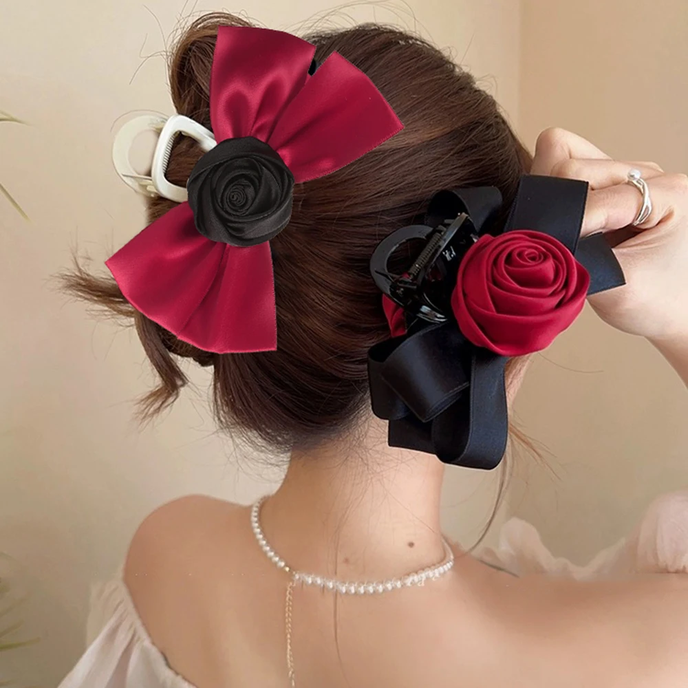

13cm Rose Bow Hair Claw Black For Women Large Size Temperament Hairpin Hair Clips Ponytail Korean Hairpin Hair Crab Headwear