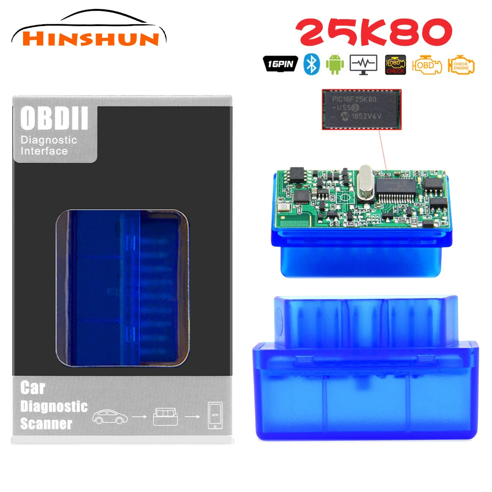 

Автомобильный диагностический сканер ELM327, Bluetooth 2,0, OBD2, с чипом PIC18F25K80