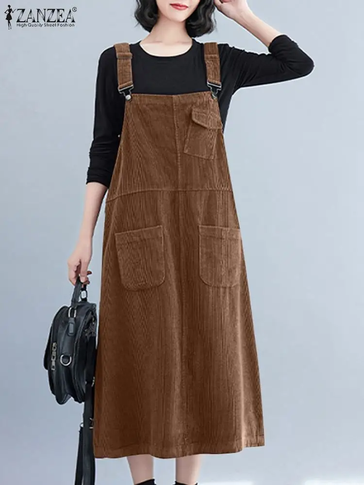 Винтажное вельветовое платье ZANZEA модный Однотонный сарафан на бретельках