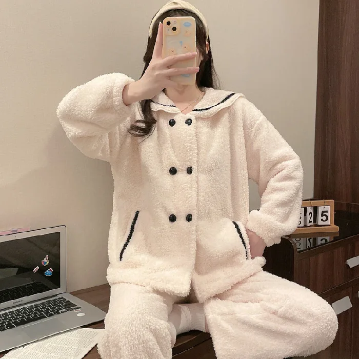 

New In Autumn Winter Women Plush Warm Coral Fleece Pajamas Soft Comfortable Cardigan Pants Set Thickened Rice Velvet Loungewear
