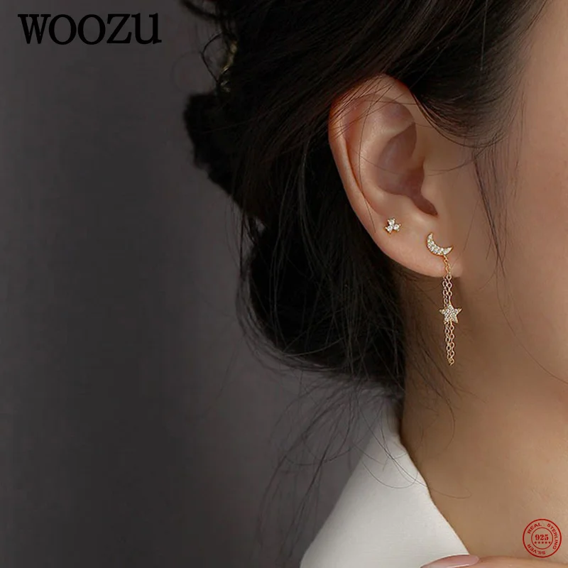 

WOOZU 925 Sterling Silver Bohemian Unique Moon Star Pendant Drop Earrings for Women Party Link Chain Design Female Jewelry Gift