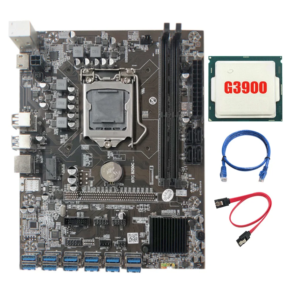

Материнская плата для майнинга B250C с ЦП G3900 + кабель SATA + кабель RJ45 3 метра ОЗУ 12XPCIE на USB 3,0, слот для карты, плата для BTC