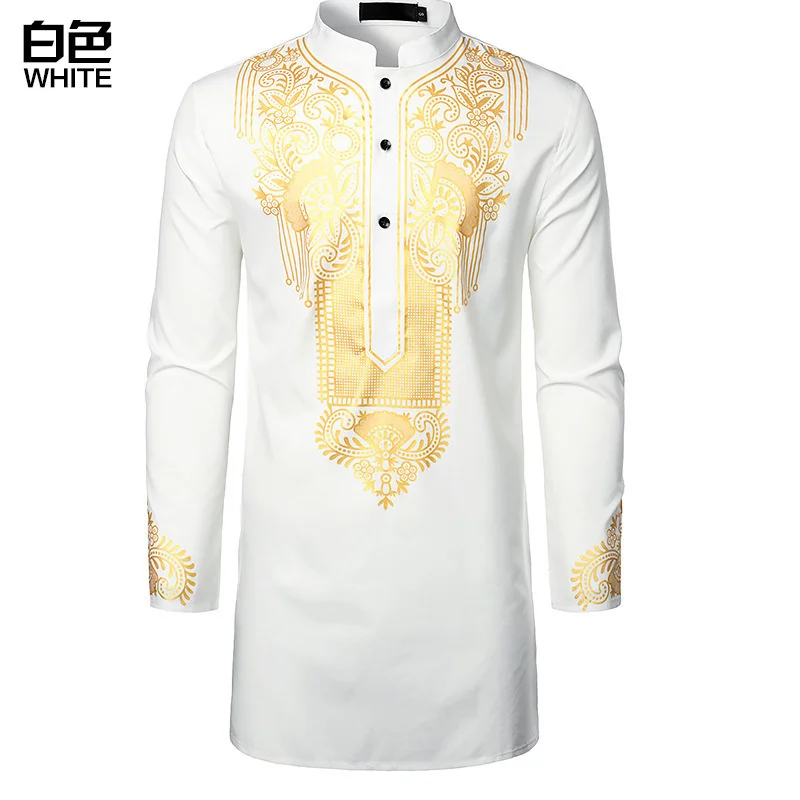Men's Casual Totem Print Medium Long Sleeve Shirt Style Muslim Men's Stand Collar Shirt