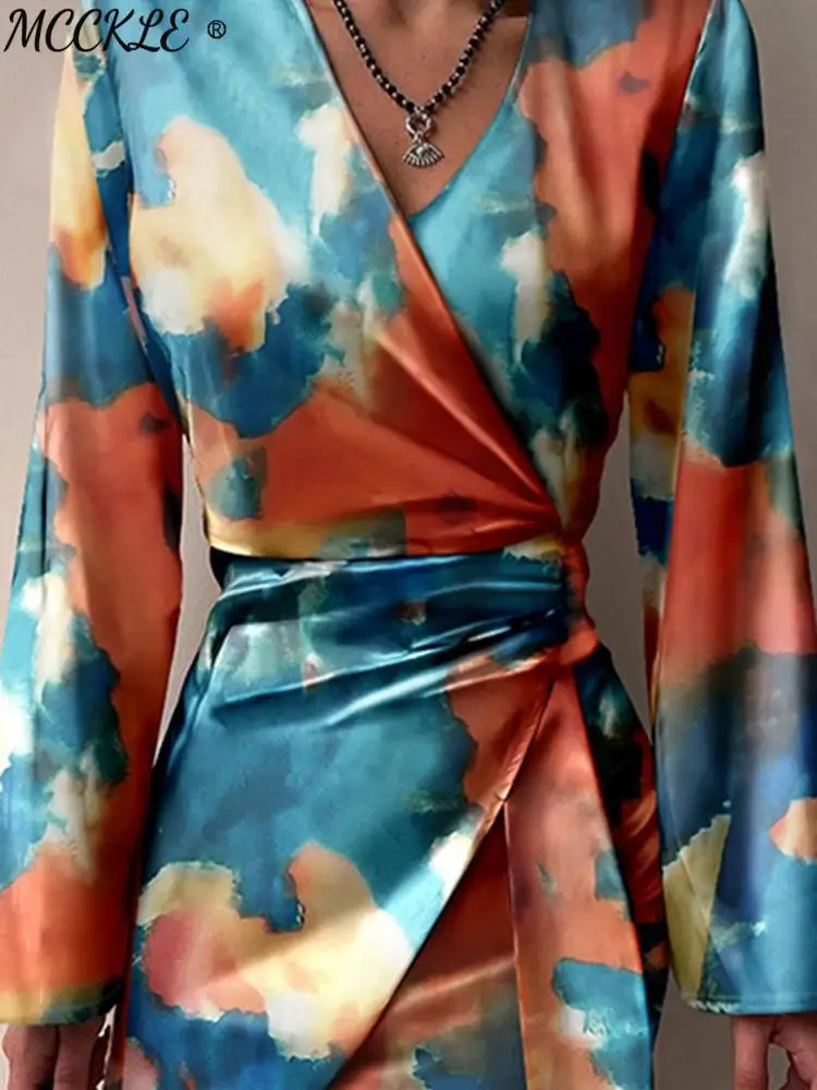 Женское винтажное платье с V-образным вырезом длинным рукавом и принтом в виде