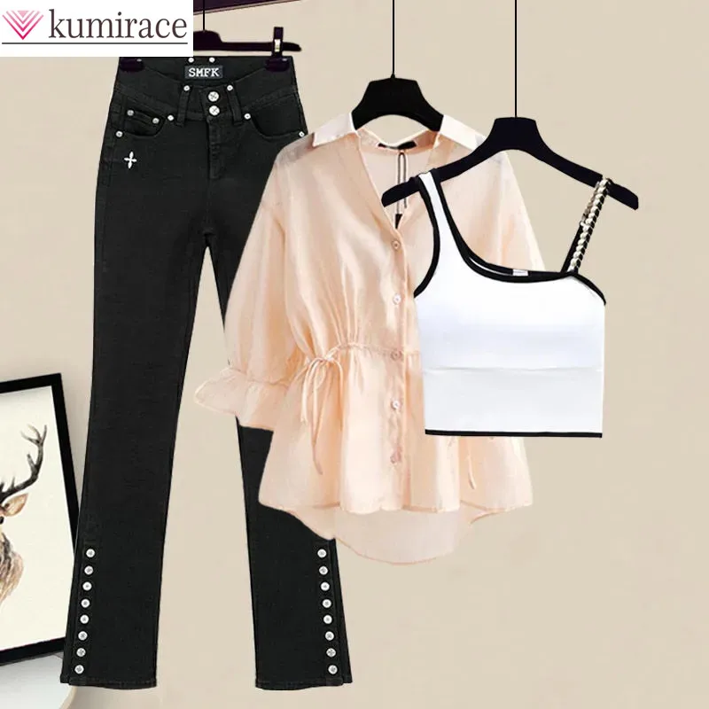 

Summer Elegant Women's Pants Set Pleated Ruffle Sleeve Chiffon Shirt Vest Rivet Inlaid Trousers Three Piece Set Female Blazer
