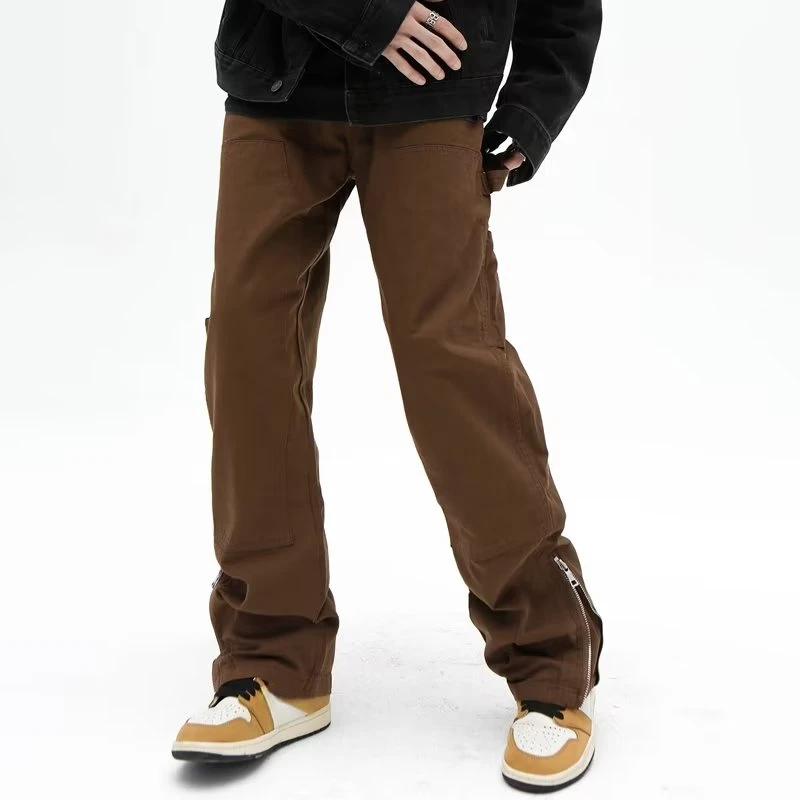 2023 High Street Ankle Zipper Vintage Brown Hip Hop Men Cargo Jeans Pants Y2K Clothes Straight Baggy Long Trousers Ropa Hombre