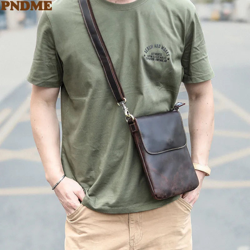 Simple genuine leather men's small messenger bag handmade designer original natural real cowhide youth daily phone shoulder bag