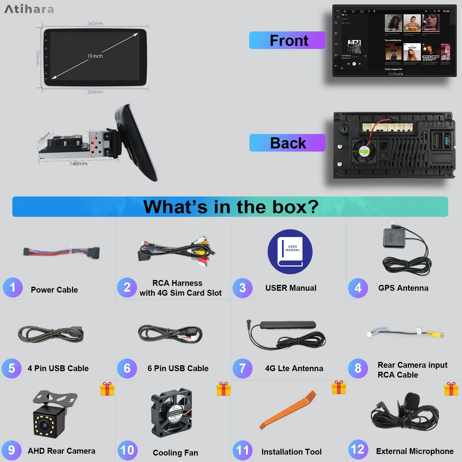 Atihara 10 1-дюймовый универсальный автомобильный мультимедийный видеоплеер радио