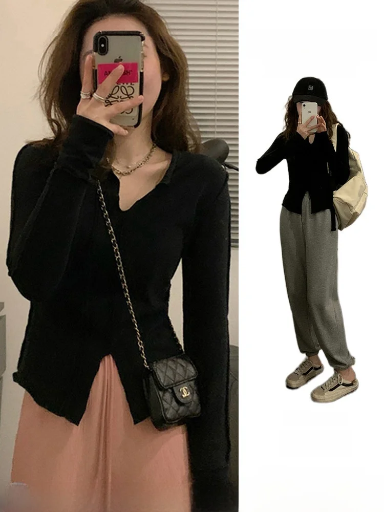 Черная рубашка с длинными рукавами топ женская осень-весна 2024 новая внутренняя