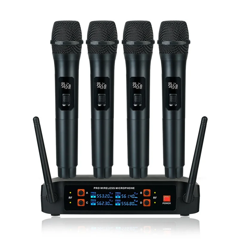 

Wireless Microphone Professional Handheld 4 Channels UHF Dynamic Mic for Karaoke Wedding Party Band Stage EU Plug