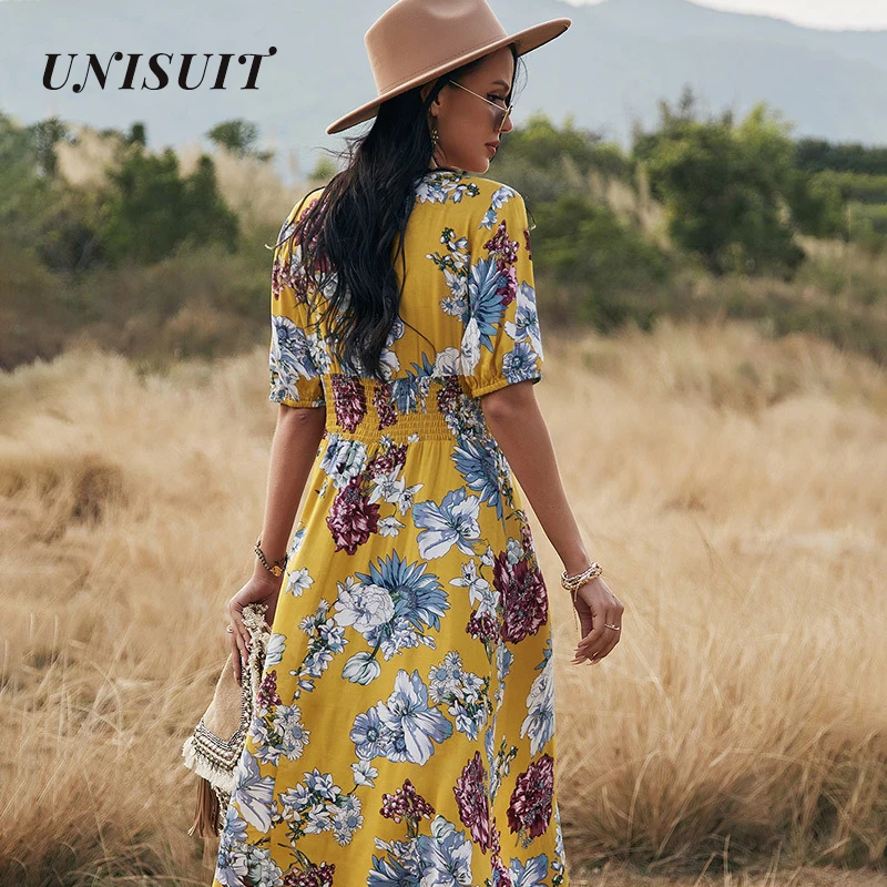 UNISUIT Spring Summer Long Floral Dress Women Sexy V Neck Short Sleeve Bandage Black Blue Yellow S -XL |