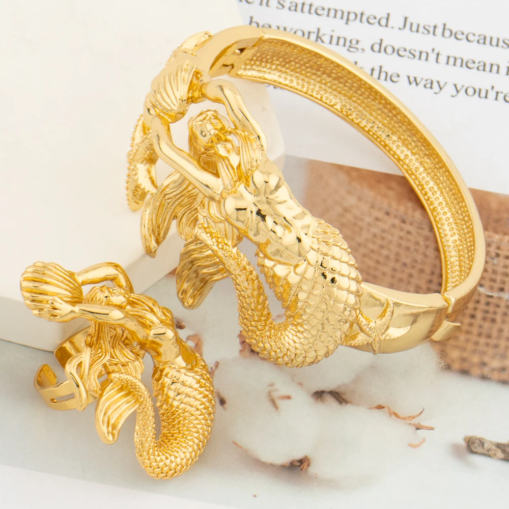 

Trend Gold Plated Bangle with Ring Set for Women Statement Mermaid Design Bracelet Finger Ring Jewelry Set Party Gift Accessory
