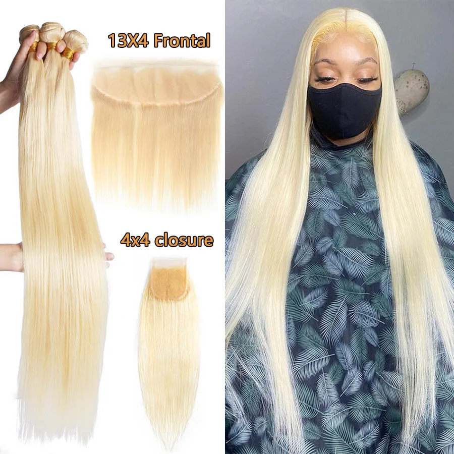 613 Blonde Bundle with Closure Brazilian Straight Human Hair 3 4 Bundles With 13x4 Lace Frontal 30 40 Inch 613 Bundles Deal